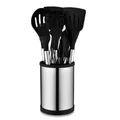 Black silicone kitchen utensil set including whisk and brush with stainless steel holder - 12pcs Set / Black