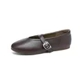 Classic dark brown Mary Jane ballet flats with round toe and silver buckle strap - Brown / 35
