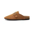 Premium women's brown suede leather mule slippers with buckle strap and cork-style sole - 35 / Chestnut