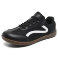 Men's casual black leather German Army Trainer sneakers with wide toe and gum sole - 39 / Black and White