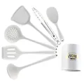 Premium 7-piece white silicone kitchen utensil set including storage bucket and tongs - 7-Piece Set In Color Box / White