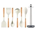 Premium 7-piece silicone kitchen utensil set with natural wooden handles and storage stand - White 7-Piece Set / 7 Pieces (Includes Base)