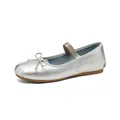Silver Mary Jane ballet flats with bow detail and elastic strap on white background - 35 / Silver