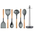 7-teiliges graues Silikon-Küchenhelfer-Set mit Holzgriffen und drehbarem Aufbewahrungsständer - Dunkelgraues 7-Teiliges Set / 7-Teiliges (Inklusive Basis)