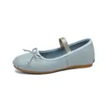 Elegant light blue French Mary Jane ballet flats featuring a bow and elastic strap - 35 / Milky Blue