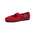 Retro red suede Mary Jane flats with buckle strap, elegant French style ballet shoes for women. - 35 / Red