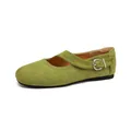 Vintage green suede Mary Jane flat shoes with adjustable buckle strap and round toe - 35 / Green