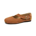 Brown suede French retro Mary Jane flats for women with silver buckle strap - 35 / Brown