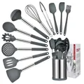12-piece grey silicone kitchen utensil set with stainless steel rotating holder - 12-Piece Set / Khaki