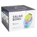 Versatile 3-piece plastic salad bowl set in a retail packaging box for kitchen mixing - Three-Piece Set / Multicolor (Blue/Purple/Green)