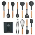 12-piece grey silicone kitchen utensil set with wooden handles and black storage bucket - 12-Piece Set / With Storage Holder