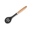 Heat resistant black silicone slotted spoon with natural solid wood handle for cooking - Small Skimmer