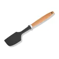Black silicone cooking spatula with ergonomic beech wood handle for non-stick cookware. - Spatula