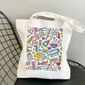 Detailansicht einer weißen Segeltuchtasche mit farbenfrohem medizinischem Cartoon-Muster - Handgezeichnete Medizinische Illustration Druck (14) / 35*40cm