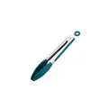 Heat-resistant stainless steel kitchen tongs with teal silicone grips and locking ring - 9 Inch / Dark Green