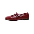 Elegantes zapatos planos Mary Jane rojos brillantes con cierres de velcro dobles de moda - 35 / Burdeos