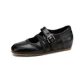 Elegant vintage black leather Mary Jane flats with buckle and elastic cross straps for women - 34 / Black