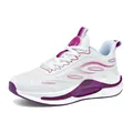 Breathable flyknit running shoe in white and purple with lightweight popcorn sole - 36 / Purple
