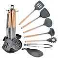 Juego completo de 8 utensilios de cocina de silicona gris con mangos de madera y soporte - Juego de Utensilios Con Caja