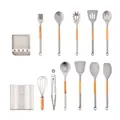 Set di 12 utensili da cucina in silicone grigio con manici in legno e secchiello portaoggetti - Set da 12 Pezzi (Con Secchio Quadrato) / Bianco