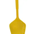 Durable yellow PP plastic slotted spoon for efficient kitchen food straining and scooping. - Yellow