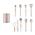 Grey silicone kitchen utensil set with wooden handles and storage canister - 9-Piece Set (With Round Bucket) / White