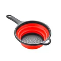 Red and gray collapsible silicone colander with handle for kitchen fruit and vegetable draining - Red