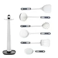 Juego de 10 utensilios de cocina de silicona resistentes al calor con soporte giratorio - Juego de 7 Piezas (Caja de Color) / Contraste Blanco y Gris