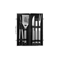 Professional 5-piece stainless steel BBQ grill tool set inside a silver aluminum carrying case. - 5-Piece Set B (Aluminum Case)