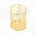 Gold electroplated iron wire cylindrical pen holder and makeup brush organizer basket - Vertical Stripes / Gold