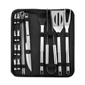 Professional 18-piece stainless steel BBQ tool set in a portable black oxford carrying case. - 18-Piece Set