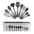 Set di 10 utensili da cucina in silicone nero resistenti al calore con scatola inclusa - Senza Secchiello / Set da 10 pezzi / Nero