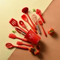 Professional 11-piece red silicone kitchen utensil set with storage holder bucket - Red With Bucket