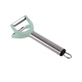 Professional dual-head stainless steel vegetable peeler and shredder with green handle. - Green