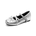Elegante silberne Metallic-Ballerinas im Mary Jane-Stil mit Schleife und Riemen für Damen - 34 / Silber