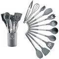 Set di 12 utensili da cucina in silicone grigio con manici in acciaio e contenitore - Set da 12 Pezzi Secchio Rotondo Piccolo - Grigio