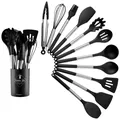 Set di 12 utensili da cucina in silicone nero con manici in acciaio inox e contenitore - Set da 12 Pezzi Secchio Rotondo Piccolo - Nero