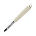 Ergonomic stainless steel vegetable peeler with cream-colored grooved handle and hole - Type A Flat Edge / Off White