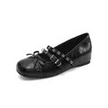 Elegant black Mary Jane ballet flats featuring wedge heel double straps and bow detail - 34 / Black
