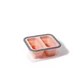 Peach pink collapsible silicone food tray with two compartments and a clear plastic lid - Small 2-Compartments / Pink