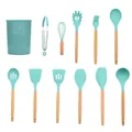 Detail view of 11-piece mint green silicone kitchen utensils with wooden handles - 11pcs Set with Holder