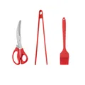 3-piece BBQ tool set with red stainless steel tongs, scissors, and silicone oil brush - Silicone Tongs 3-Piece Set / Red