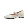 Champagne French Mary Jane low heel shoes with rhinestone strap detail for women - 34 / Square Toe Chunky Heel Rhinestone Strap (831-24) / Champagne