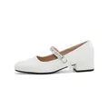 Elegant white French Mary Jane shoes with rhinestone strap and stable low block heel - 34 / Square Toe Chunky Heel Rhinestone Strap (831-24) / Beige