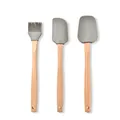 Professional 3-piece grey silicone baking set with natural wooden handles and brush - Khaki