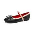Bailarinas Mary Jane negras con punta redonda plisada, remaches y un lazo decorativo - 35 / Negro