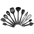 Set di 10 utensili da cucina in silicone nero premium con spatola, frusta e pinza - Con Secchiello / Set da 10 pezzi / Nero