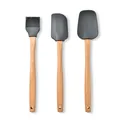 3-piece dark grey silicone spatula and brush set with ergonomic natural wood handles for baking - Dark Gray