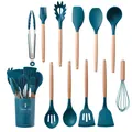 11-piece dark teal silicone kitchen utensil set with wooden handles and storage bucket - 11-Piece Set (Large Bucket) / Ink Blue