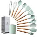 11-piece mint green silicone kitchen utensil set with wooden handles and storage bucket - 11-Piece Set (Large Bucket) / Aqua Green